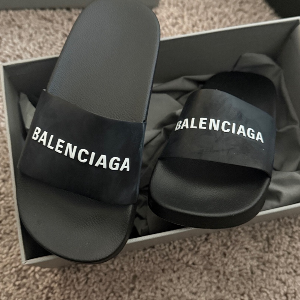 Balenciaga Black Logo Slides worn before